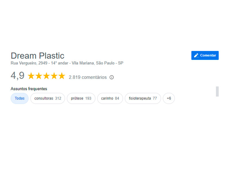 Print do Google Review da clínica de cirurgia plástica Dream Plastic