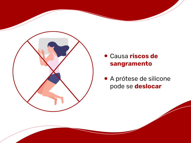 Ilustração de uma mulher deitada de lado com um x em cima, para mostrar que não pode dormir de lado no pós-operatório de silicone, pois pode causar sangramentos e deslocamento da prótese