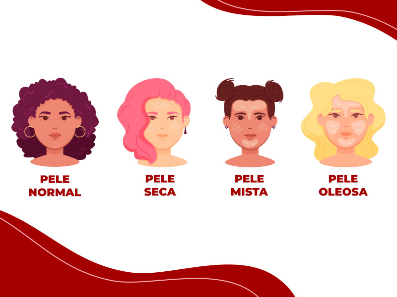 Ilustração que mostra quais são os tipos de pele, seca, normal, oleosa e mista