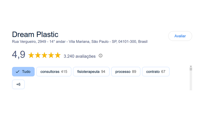 Google Review da clínica Dream Plastic Print da clínica de cirurgia plástica Dream Plastic
