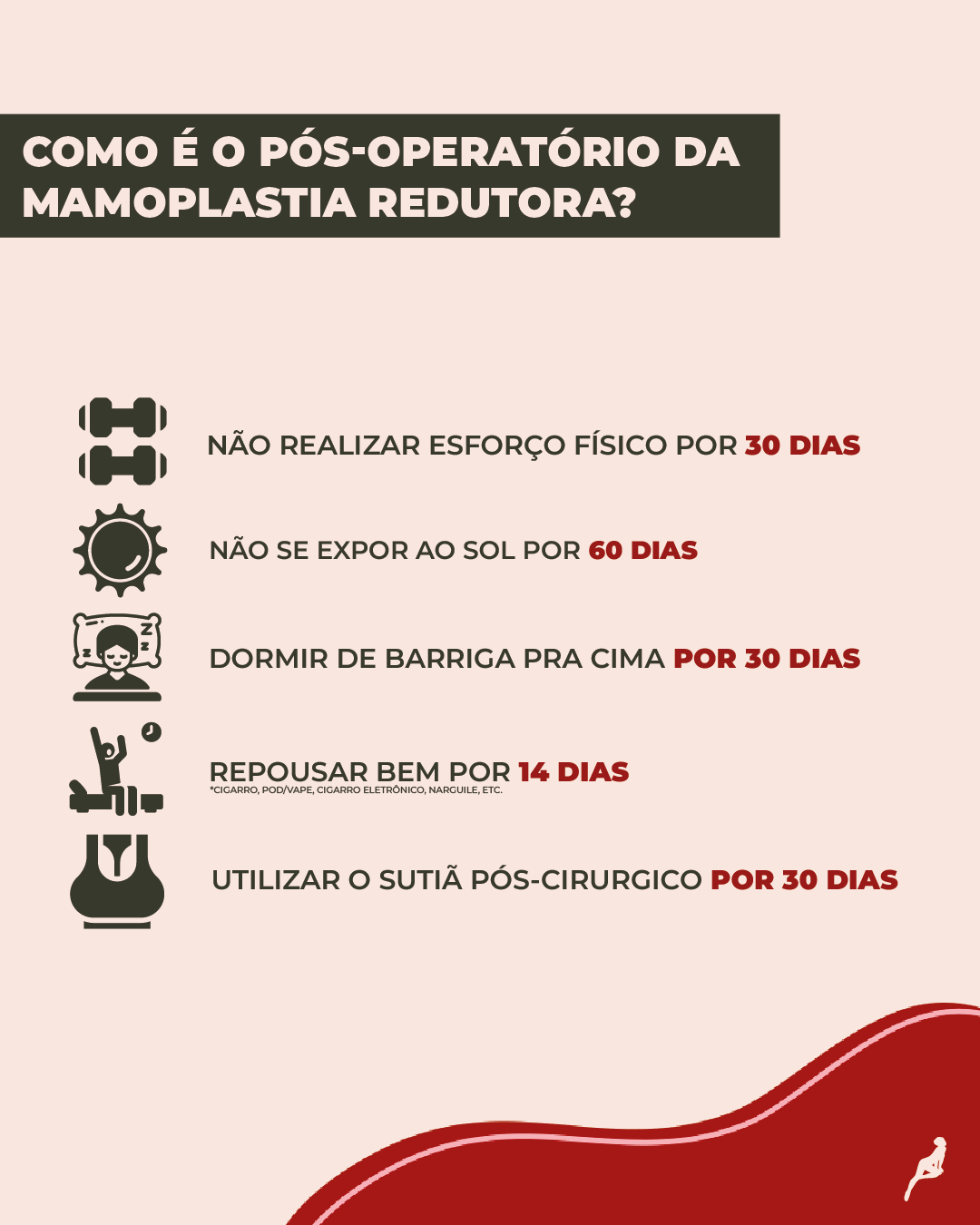 Recuperação no pós-operatório da mamoplastia redutora Ilustração que mostra como é o pós operatório da mamoplastia redutora, como não realizar esforço físico e não se expor ao sol